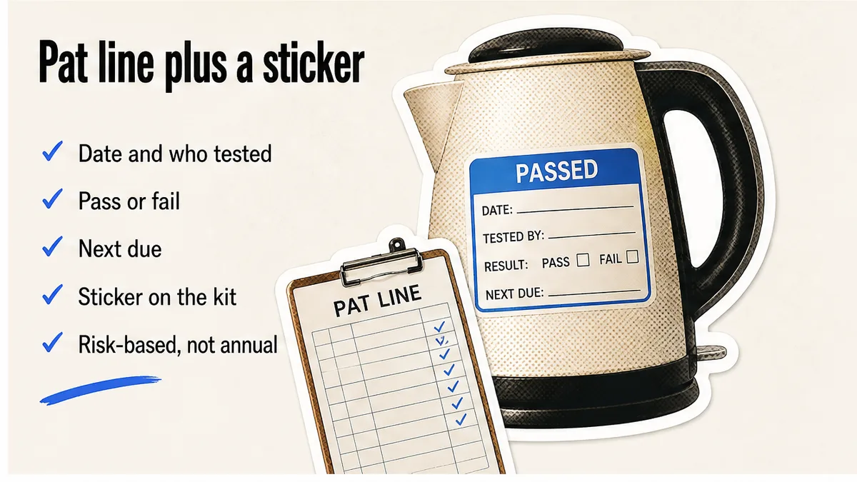 Dated PAT pass sticker on a kettle next to a register line