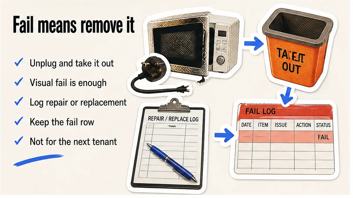 Fail-and-replace line on an appliance register beside a removed microwave