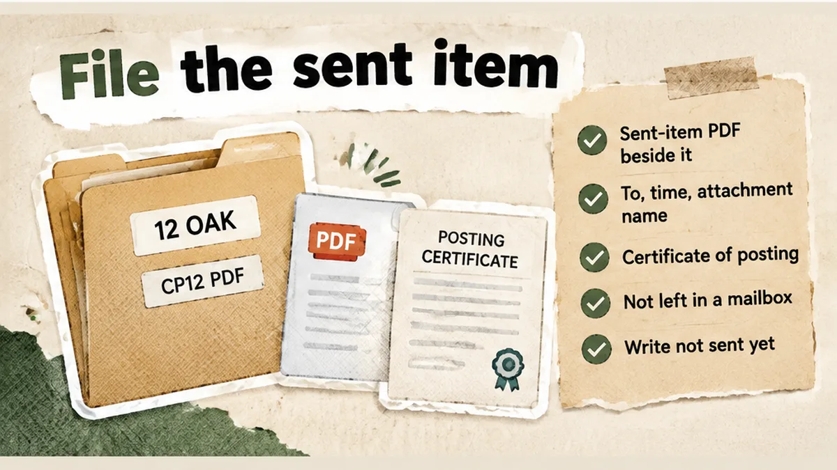 Address folder with the CP12 PDF beside a sent-email PDF and a certificate of posting
