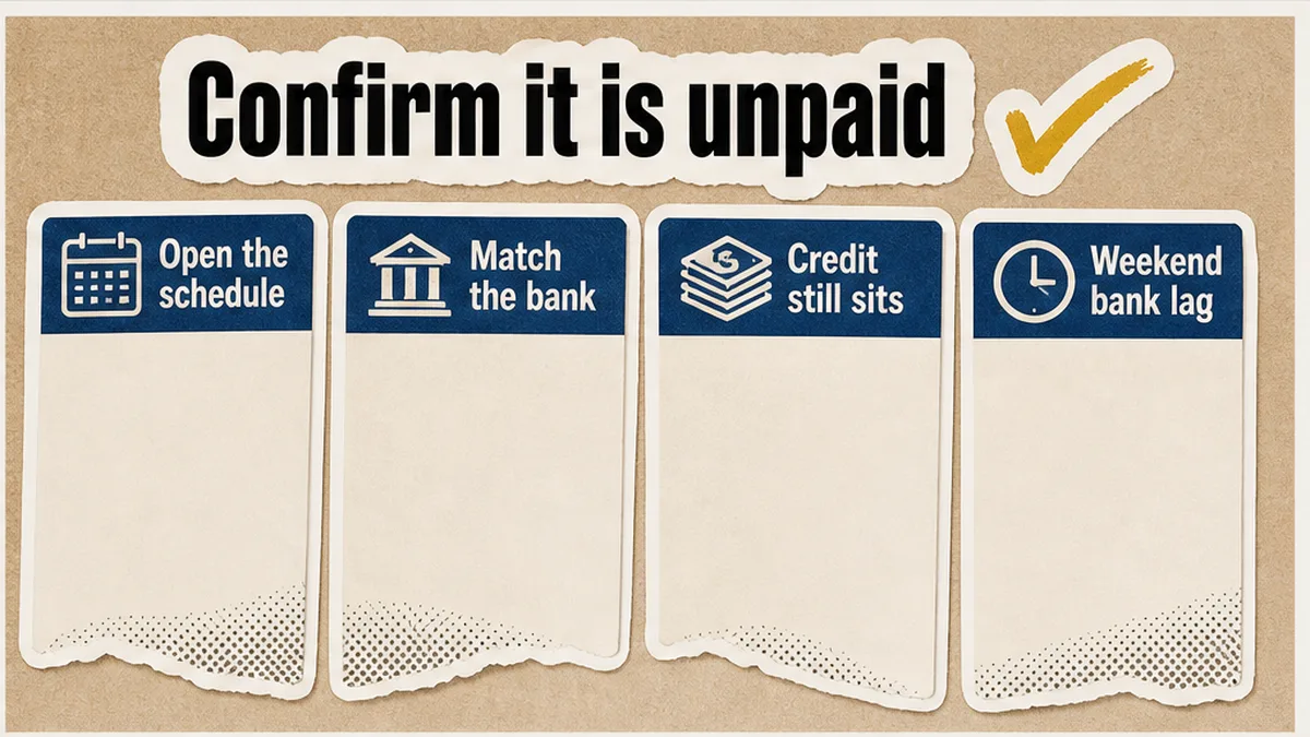 Schedule row versus bank line to confirm the period is unpaid