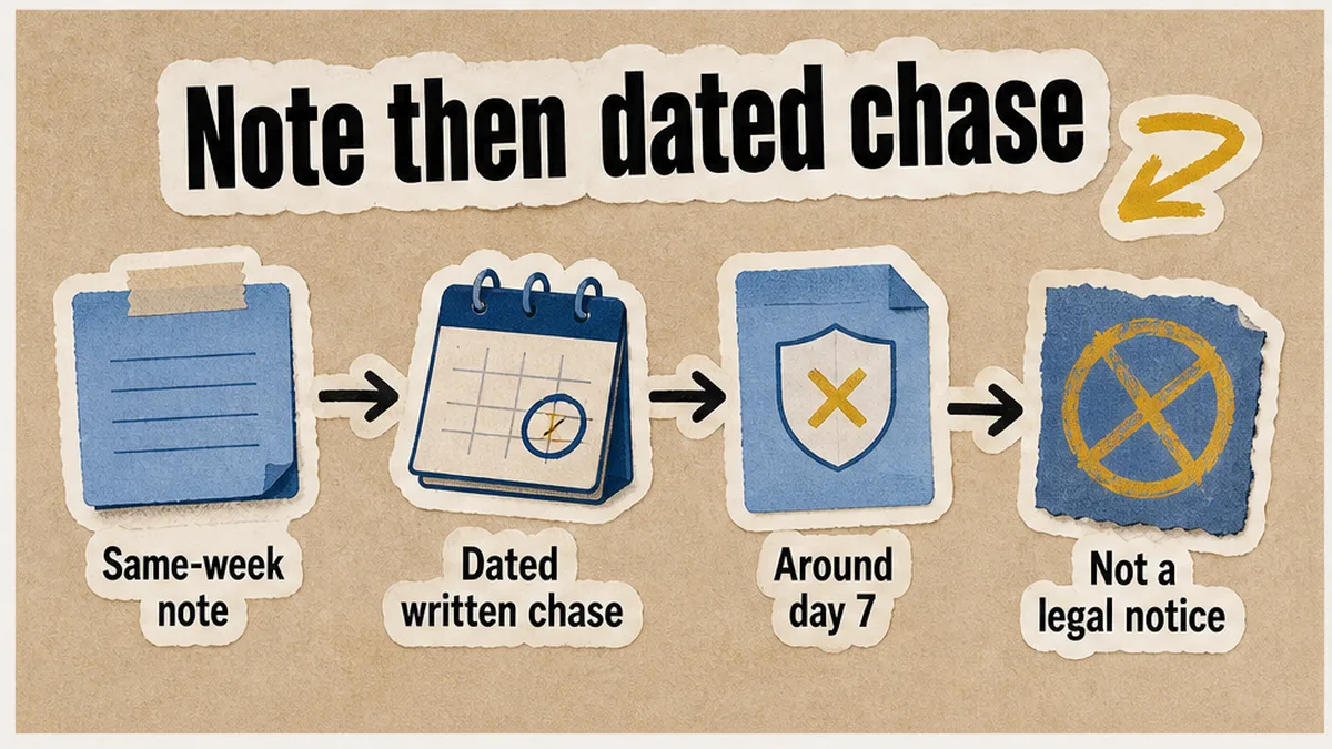 Same-week courtesy note then dated chase around day 7