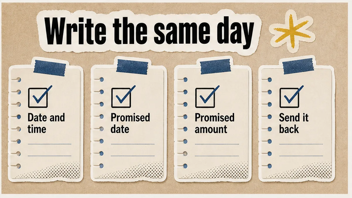 Same-day written log of promised date and amount after a call