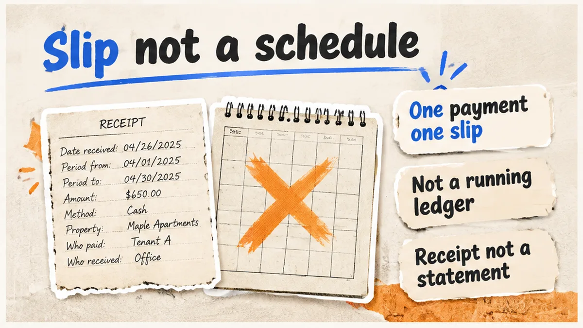 Comparison of a single rent receipt slip versus a running rent schedule ledger