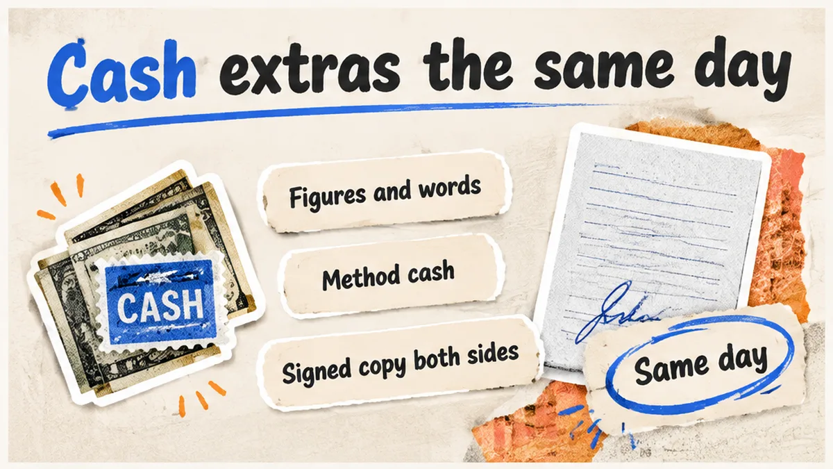 Cash rent extras: amount in figures and words, method cash, signed copies both sides the same day