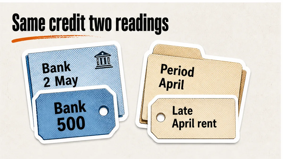 Same 500 credit read as a 2 May bank ping and as late April rent