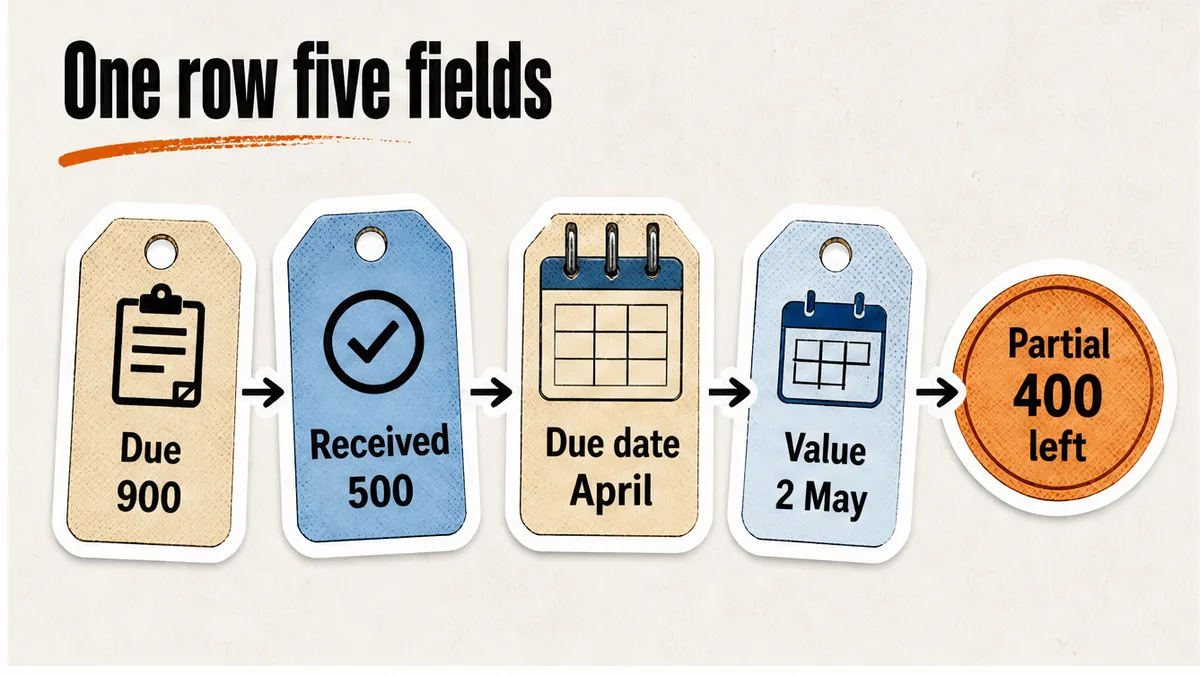 April row with due 900, received 500, value 2 May, remainder 400