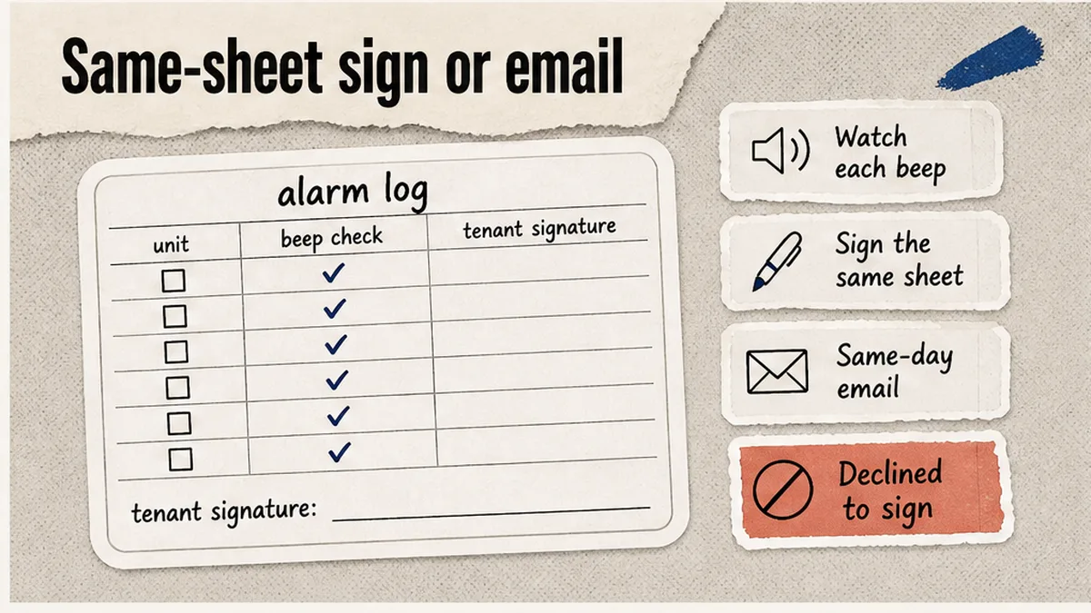 One-page alarm log with per-unit rows and a tenant signature line