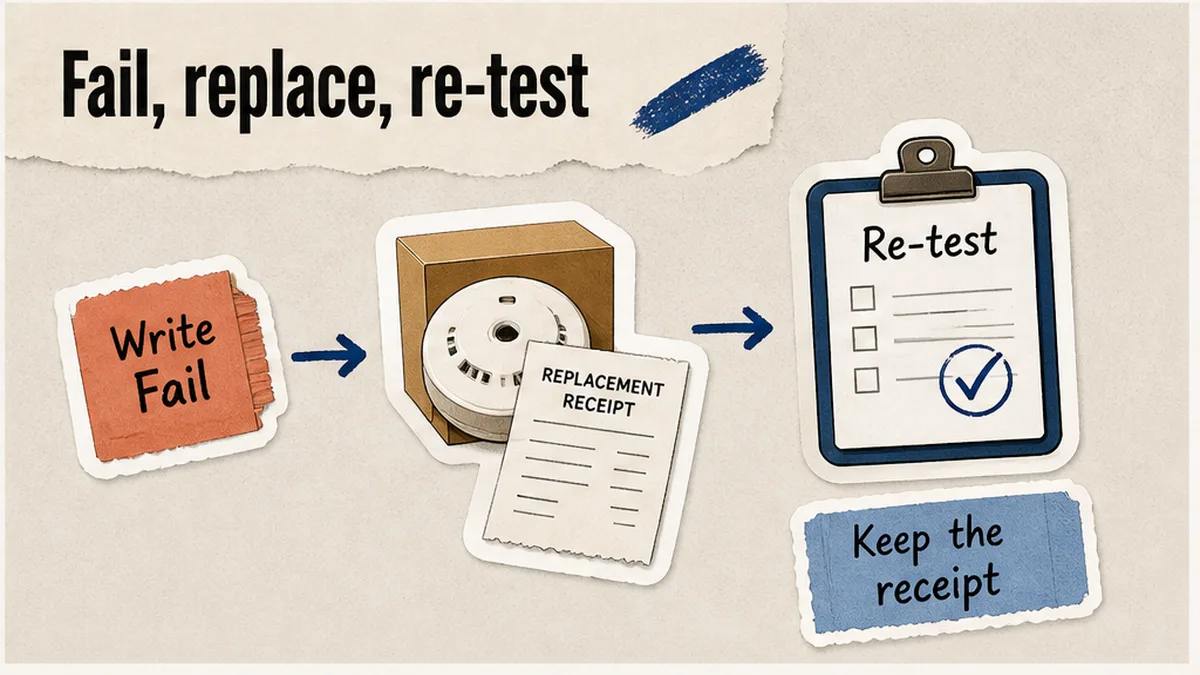 FAIL line, replacement receipt, and a re-test pass row before keys leave