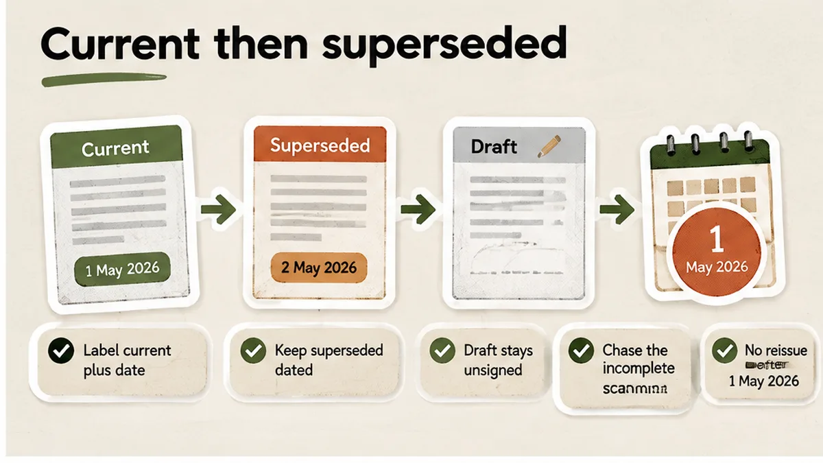 Workflow: label current, keep superseded dated, no reissue after 1 May 2026