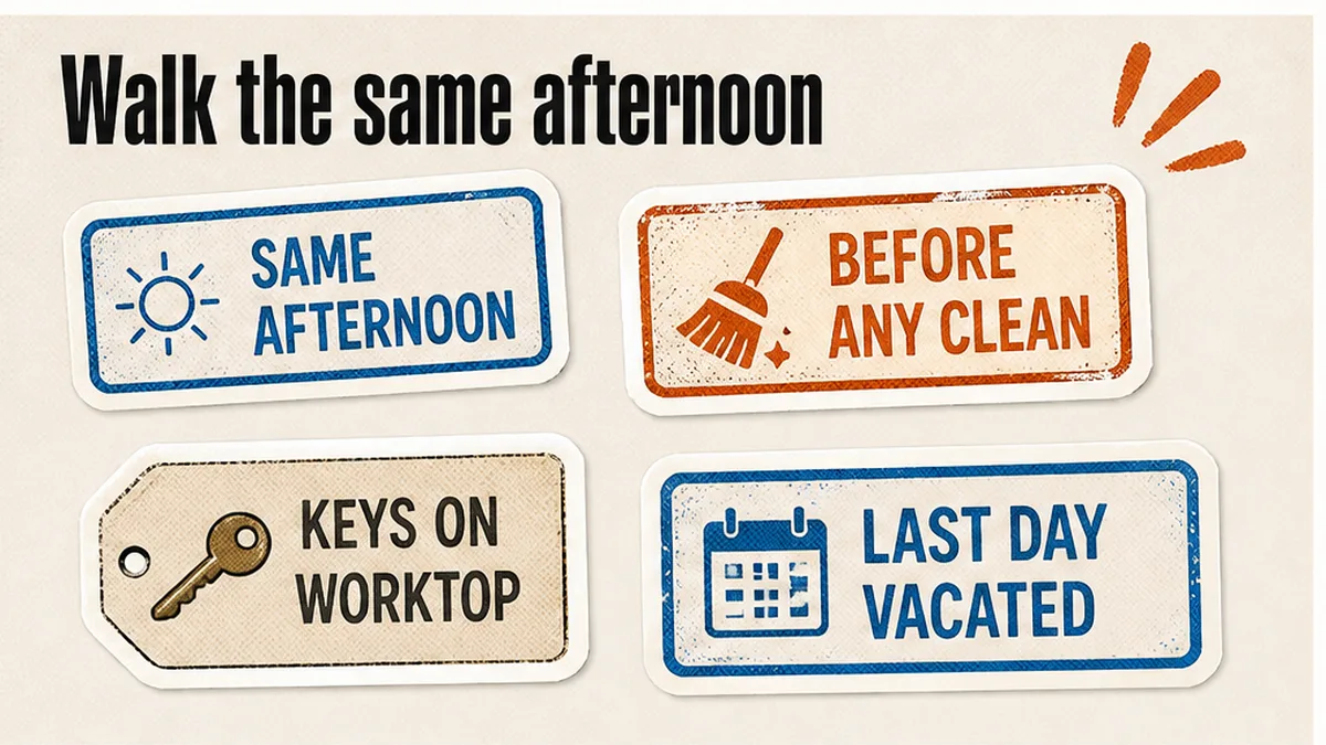 Walk the same afternoon keys return, before any clean