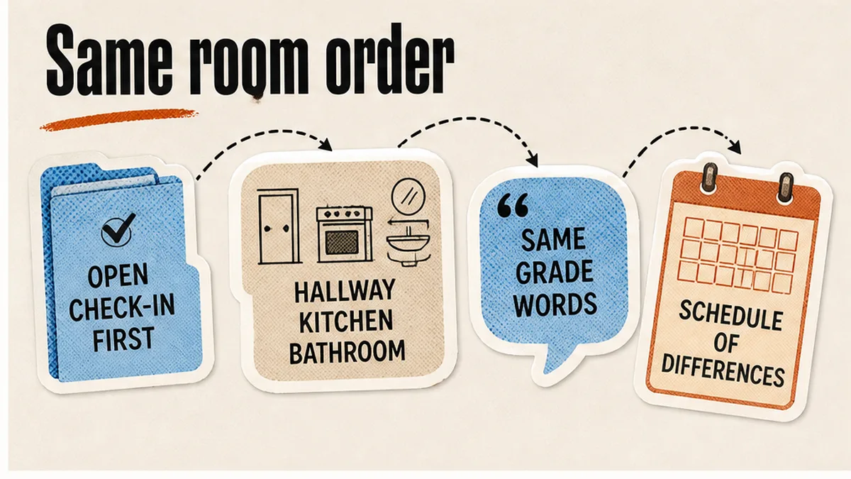 Walk hallway then kitchen then bathroom in the check-in order