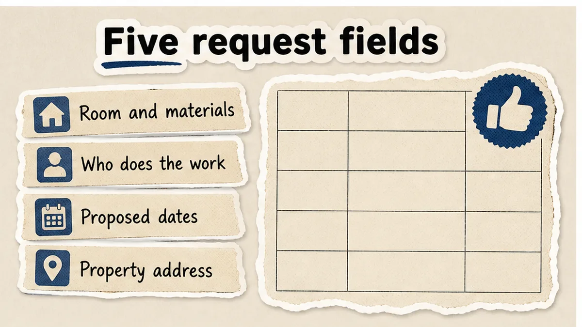 Written request fields versus a thumbs-up: room, materials, who works, dates, address