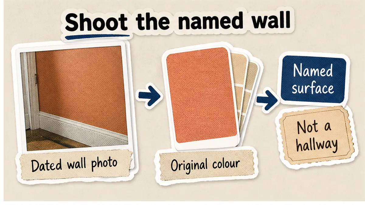 Dated photograph of the named wall and a paint chip of the original colour