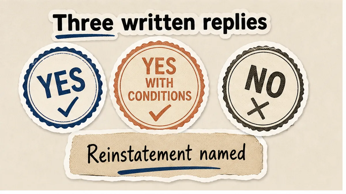 Three written replies: yes, yes-with-conditions, or no, with reinstatement named