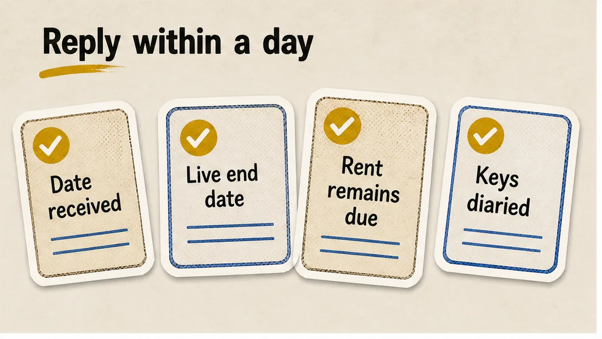 Written reply checklist confirming date received, live end date, rent running and keys diary
