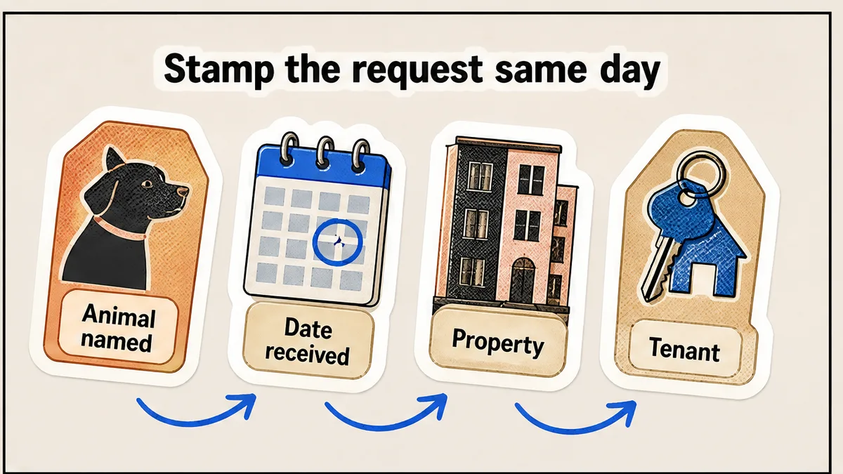 Workflow to stamp a written pet request the same day: animal named, date received, property, tenant