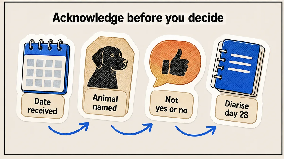 Written acknowledgement versus a thumbs-up: date received and animal named, not a yes or no