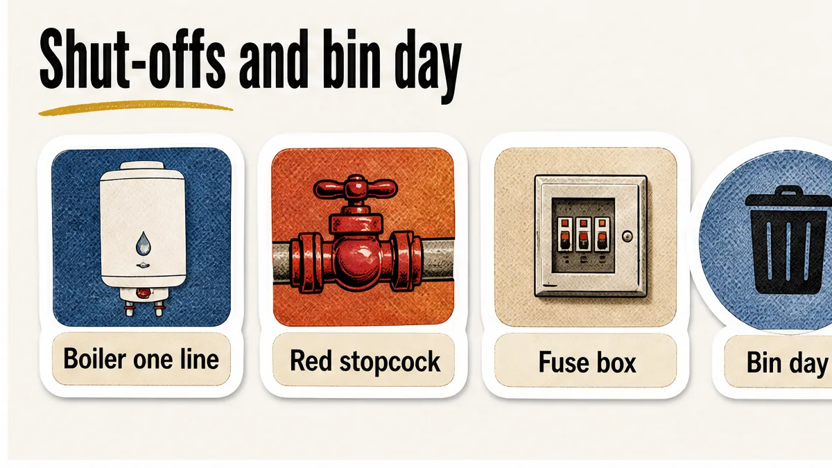 One-line shut-off map: boiler, red stopcock, fuse box, bin day