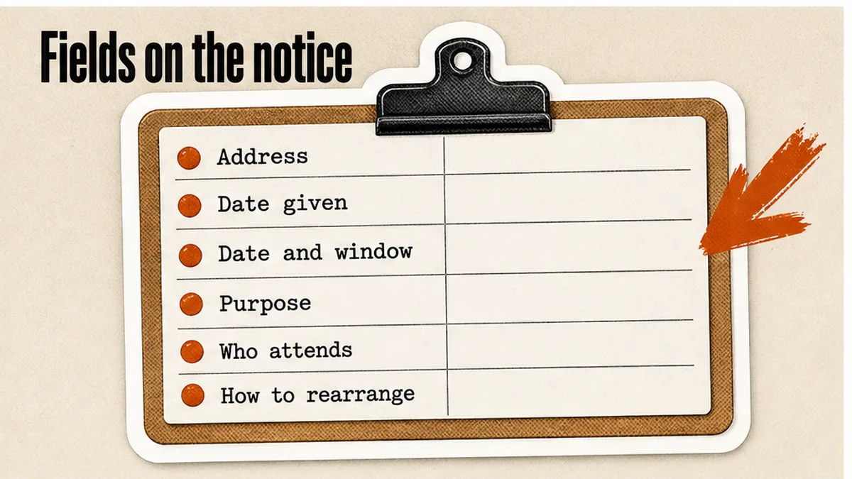 Notice fields card: address, date given, time window, purpose, who attends, how to rearrange