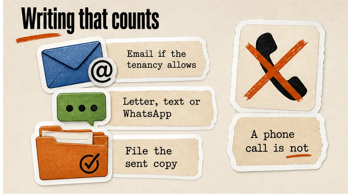 Sent-folder proof: email or SMS export next to a hand-delivered time note, not a phone-call scribble
