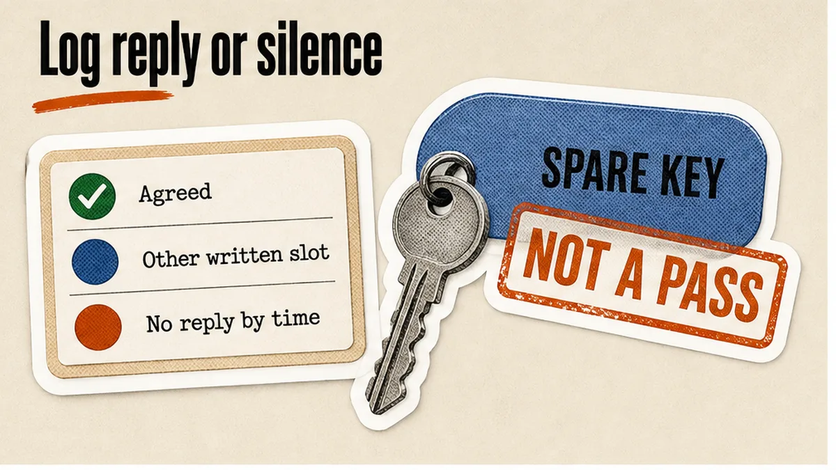 One-line reply log: agreed, other slot, or silence — spare key stamped not a pass