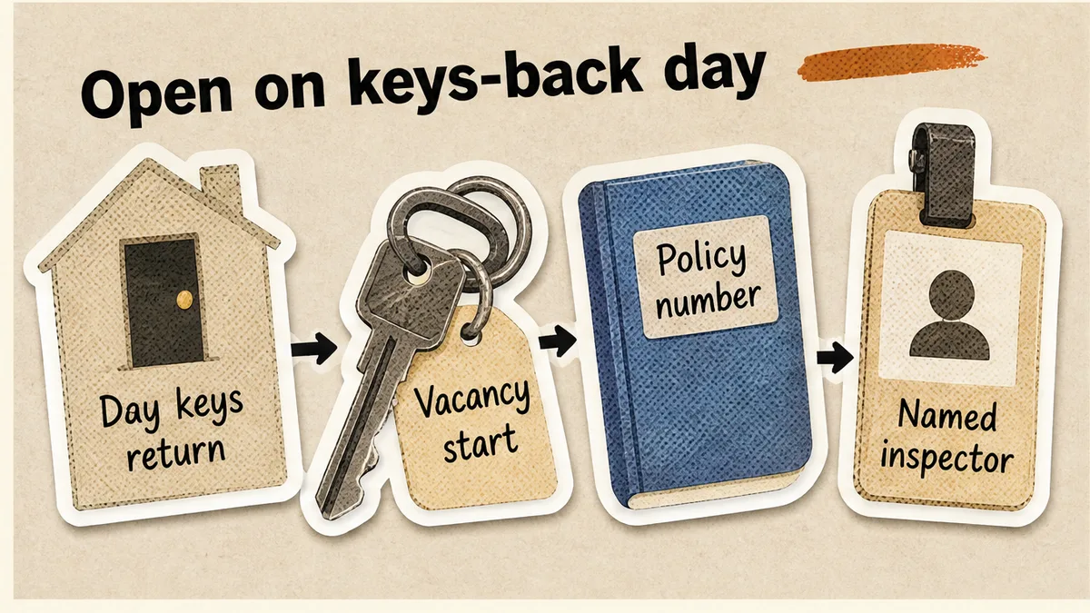 Workflow to open the vacant inspection log the day keys return: vacancy start, policy number, named inspector