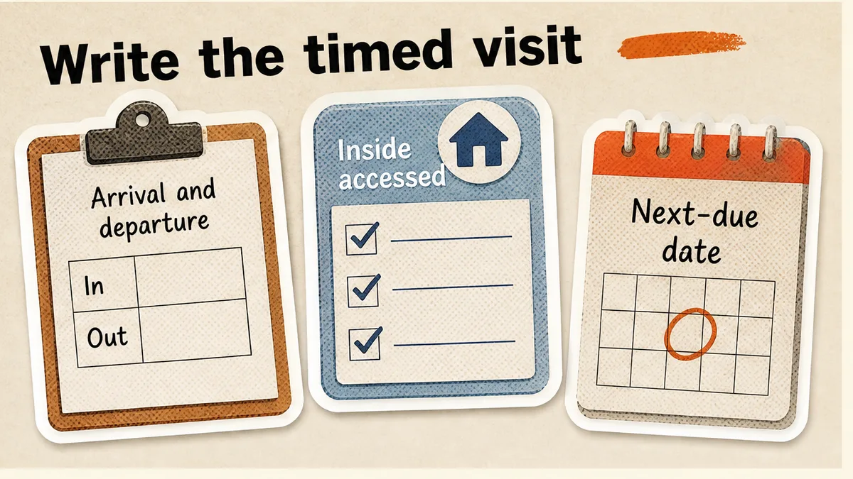 Visit-sheet fields: arrival and departure time, inside accessed, outside on the same visit, next-due date