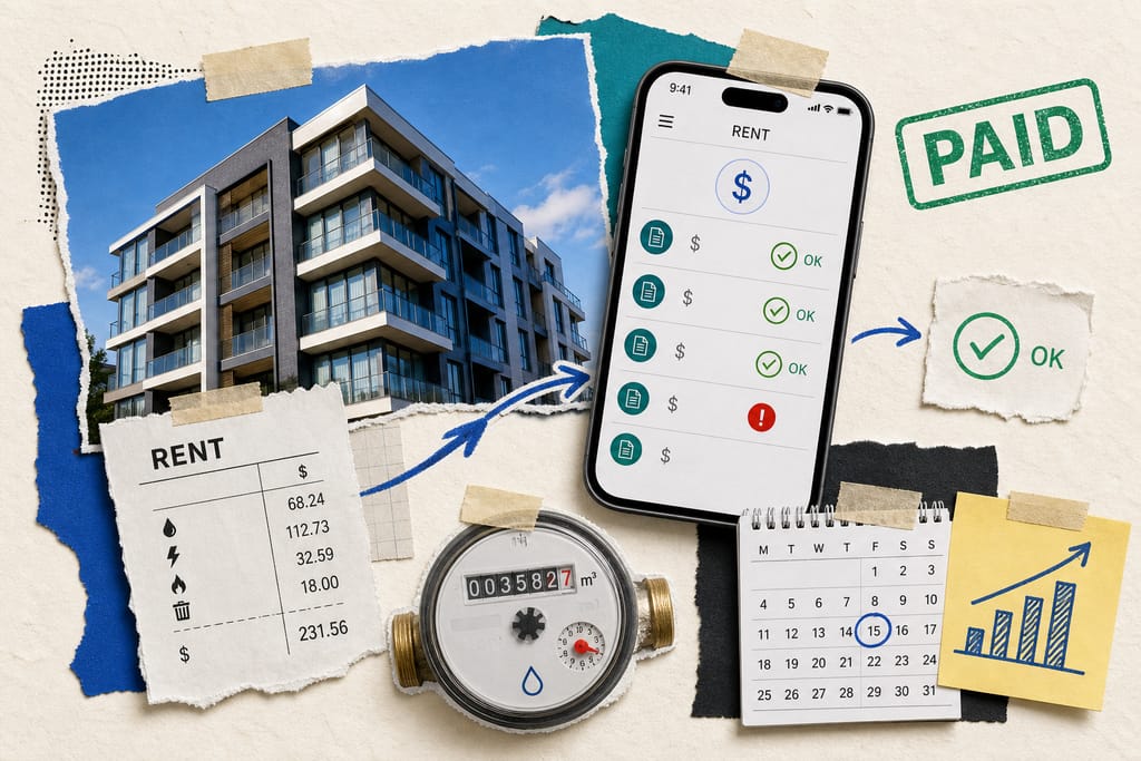 Collage: apartment building, rent bill, utility meter and the app marking payments as paid