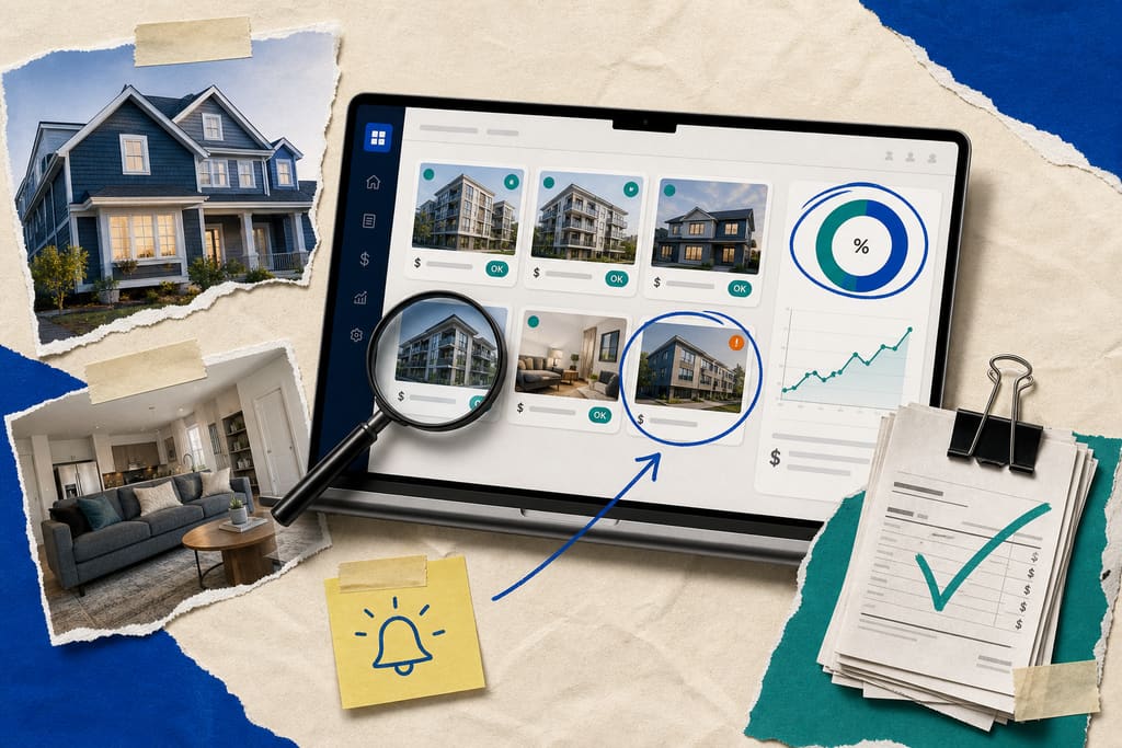 Collage: portfolio dashboard with property statuses, homes and a stack of checked bills