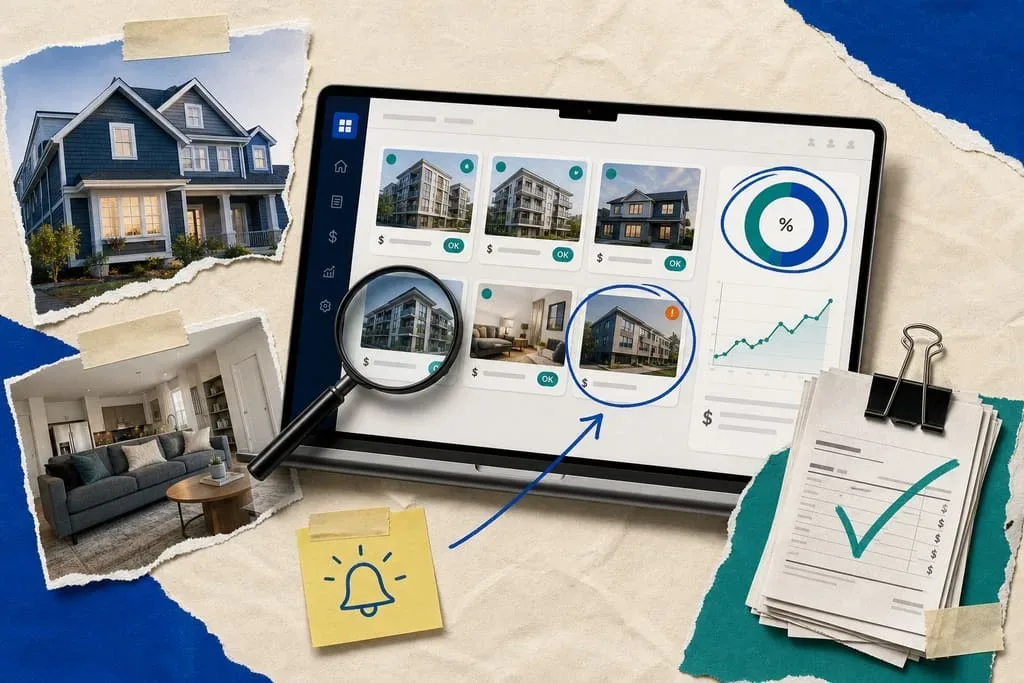 Collage: portfolio dashboard with property statuses, homes and a stack of checked bills